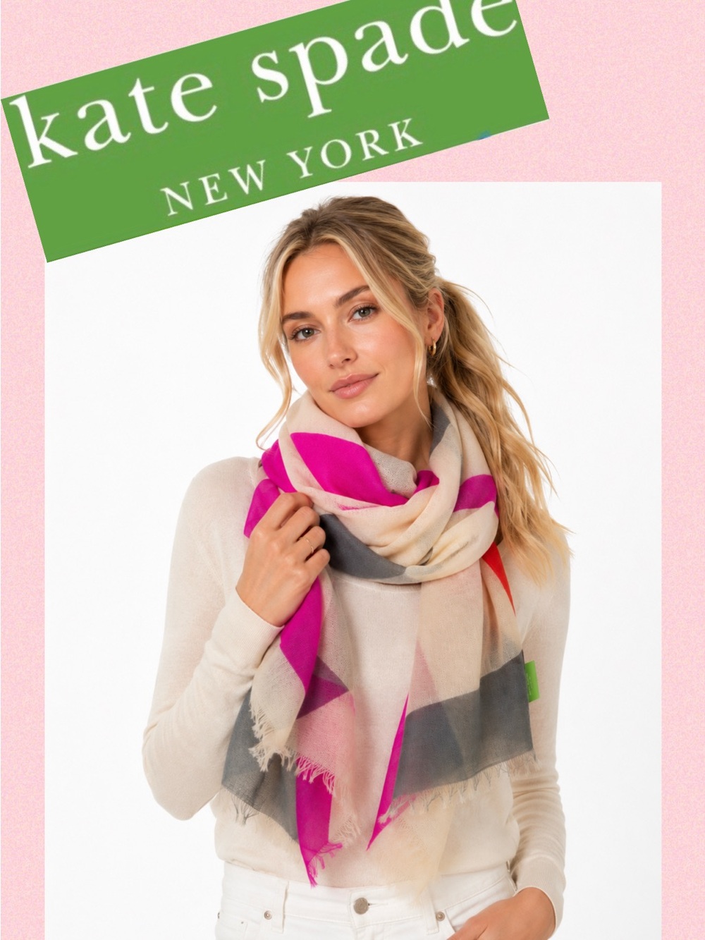 NWT kate spade Pink, Cream & Gray Colorblock Lightweight Scarf